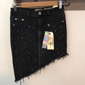 Denim Blvd Emma Frayed Denim skirt Black with faux pearls,small studs sm…